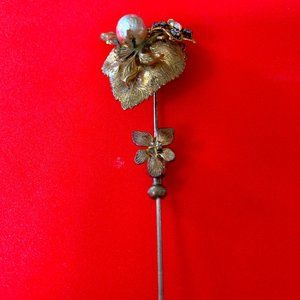 Vintage Flower Stick Pin Signed Miriam Haskell Gold Tone  Flower 3" Long